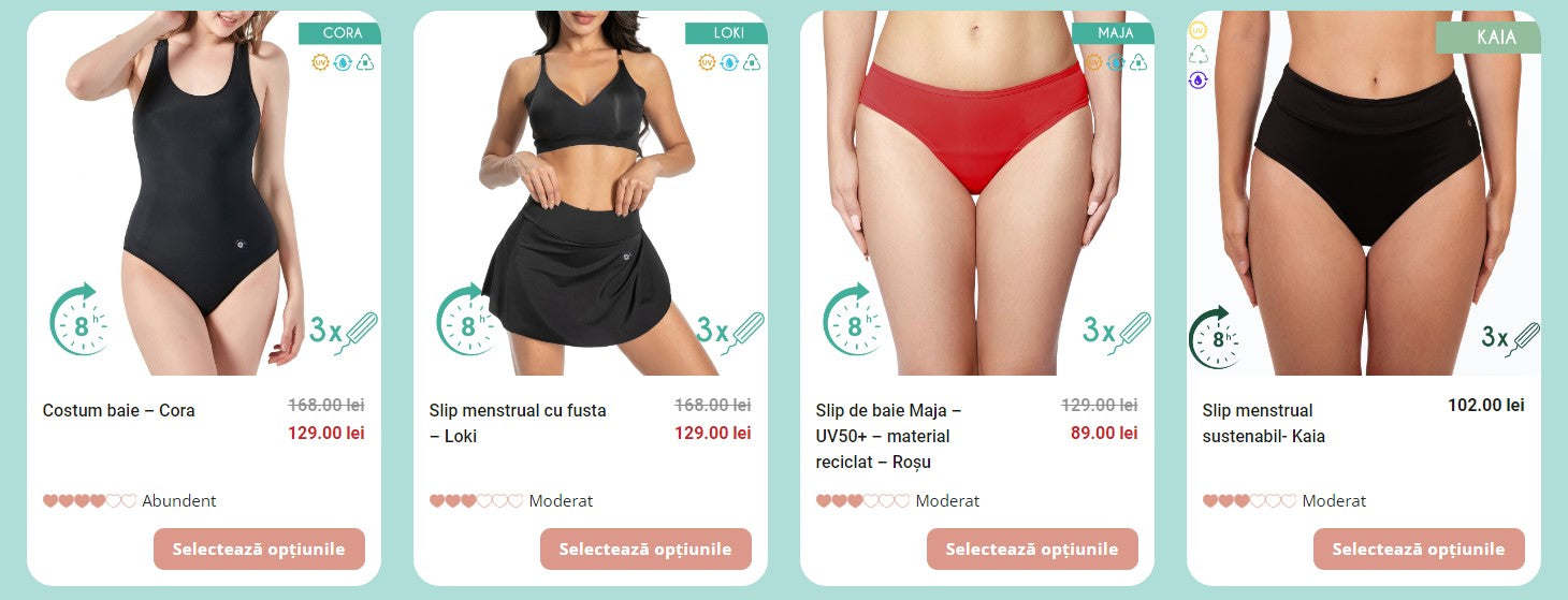 Produse Femi.Eko® pentru menstruație și înot – chiloți și costume reutilizabile, disponibile în ofertă.