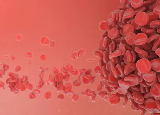 Celule roșii din sânge în mișcare, ilustrând fluxul menstrual natural și biologic într-un fundal roșu abstract.
