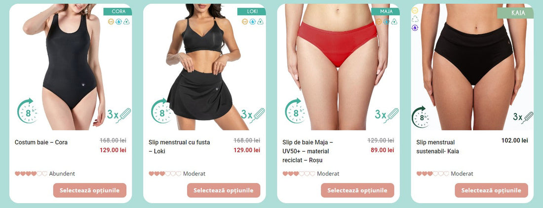 Produse Femi.Eko® pentru menstruație și înot – chiloți și costume reutilizabile, disponibile în ofertă.