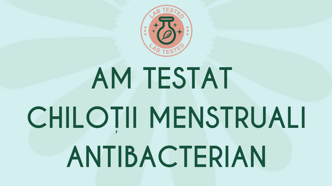 Grafică Femi.Eko® cu mesajul „Am testat chiloții menstruali antibacterian”, pe fundal cu floare stilizată.