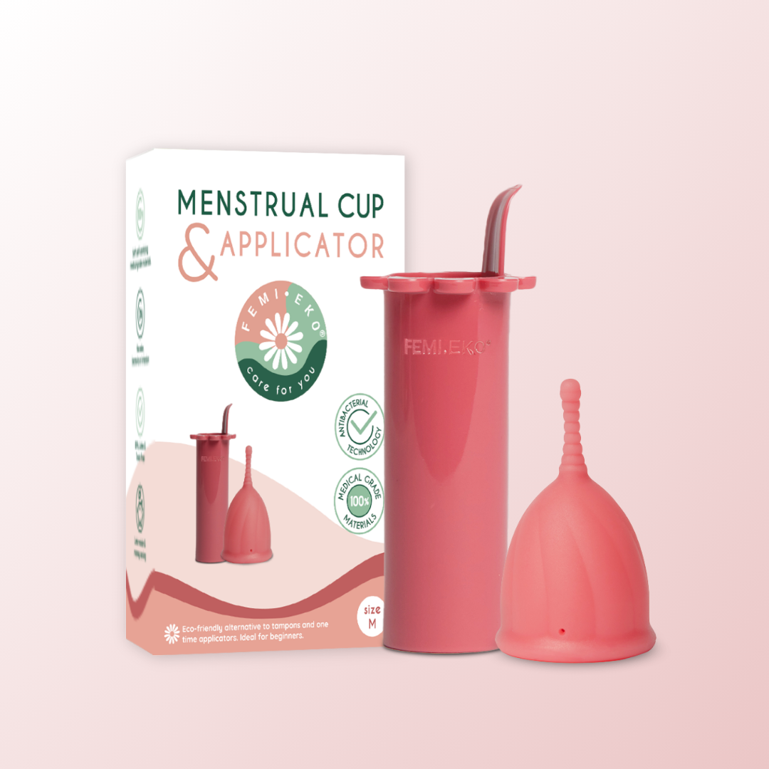 set femieko cupa menstruala safe antibacteriana si aplicator, utilizare igienica fara contact direct