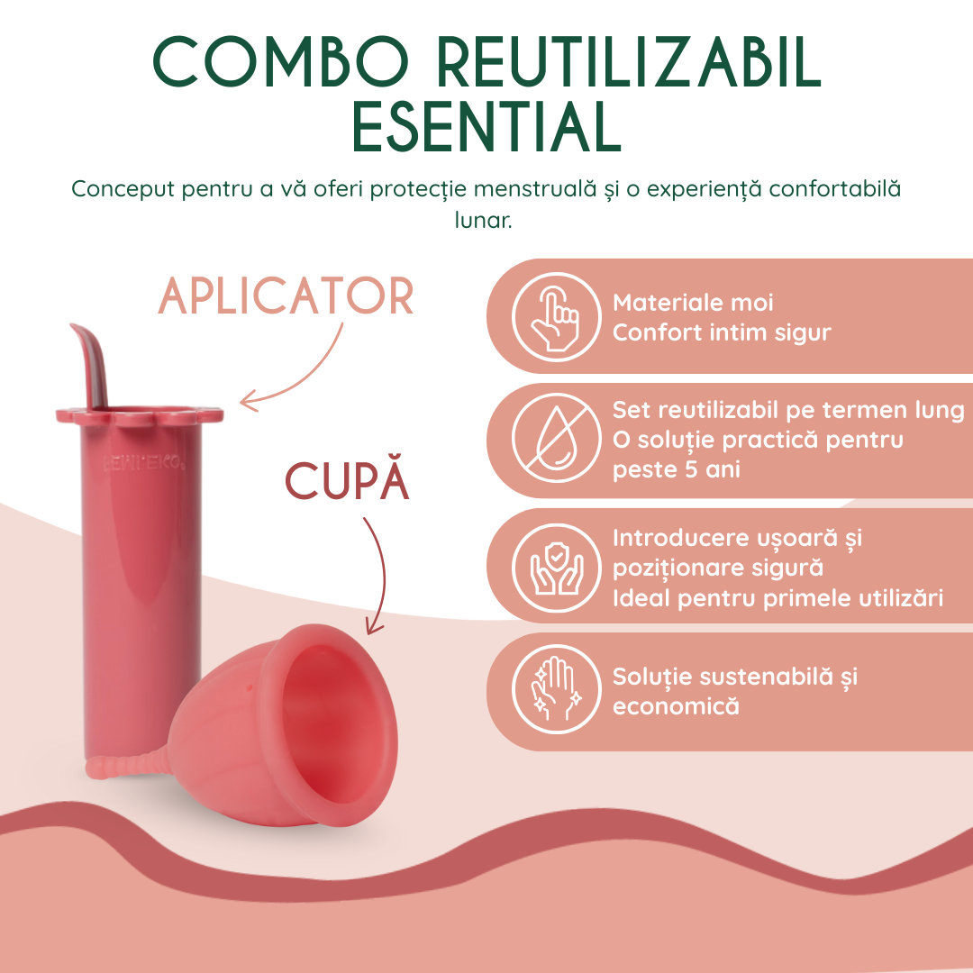 set cupa menstruala femieko safe cu aplicator, capacitate mare pentru utilizare indelungata