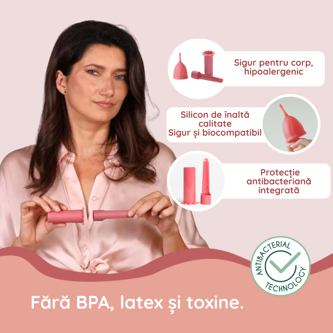 combo femieko cupa menstruala antibacteriana si aplicator, previne mirosurile si dezvoltarea bacteriilor