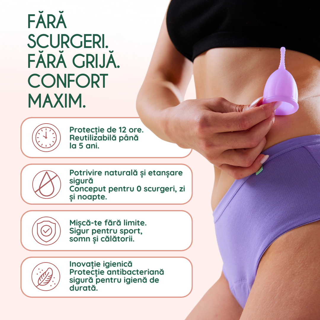 cupa menstruala femieko safe s, protectie menstruala sigura pana la 12 ore , reutilizabila si prietenoasa cu mediul