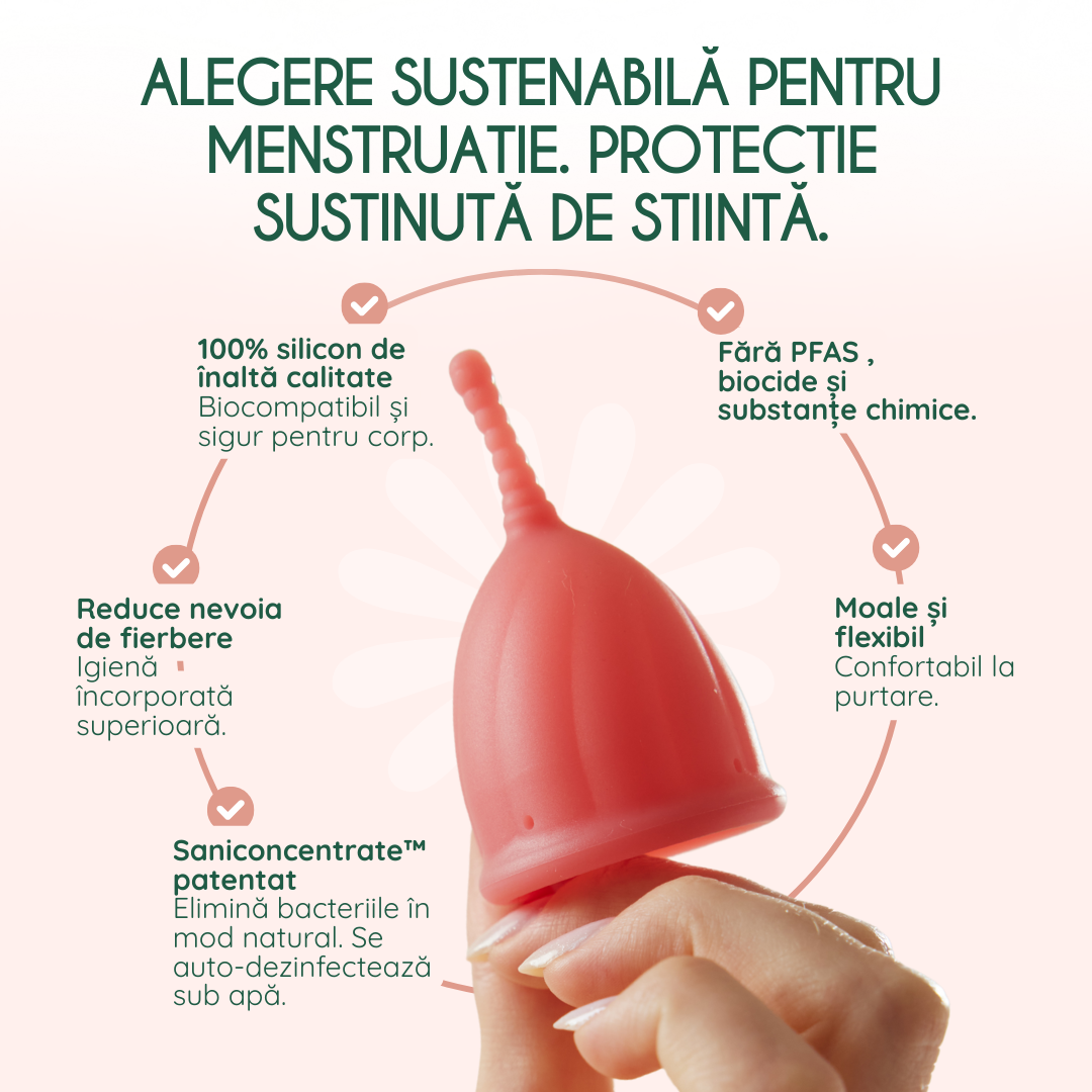cupa menstruala femieko safe marimea m roz, alternativa reutilizabila la tampoane si absorbante