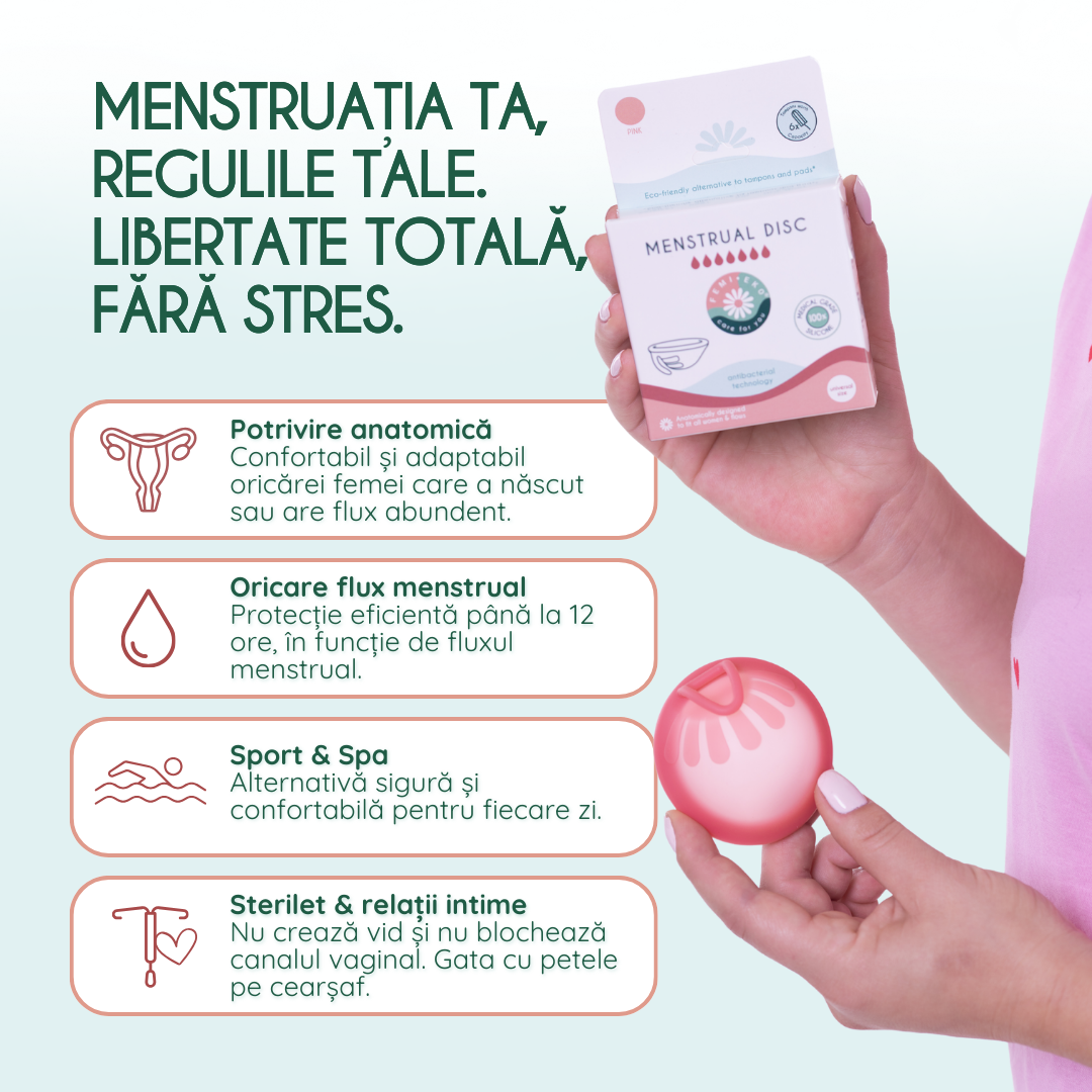 disc menstrual antibacterian femieko safe soft roz, potrivit pentru utilizatoare cu sterilet iud.