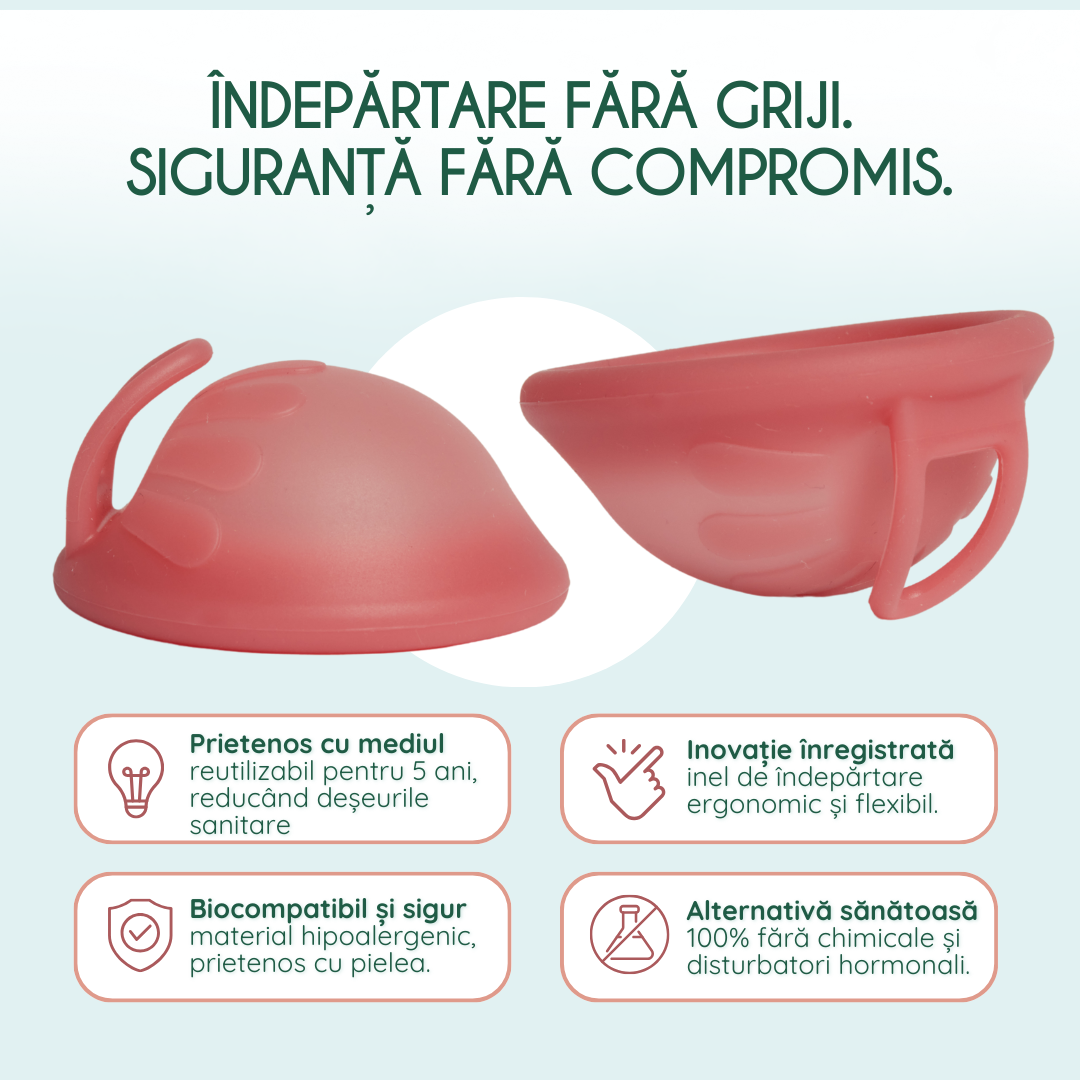 disc menstrual antibacterian femieko safe soft roz, capacitate mare 50 ml pentru flux abundent.