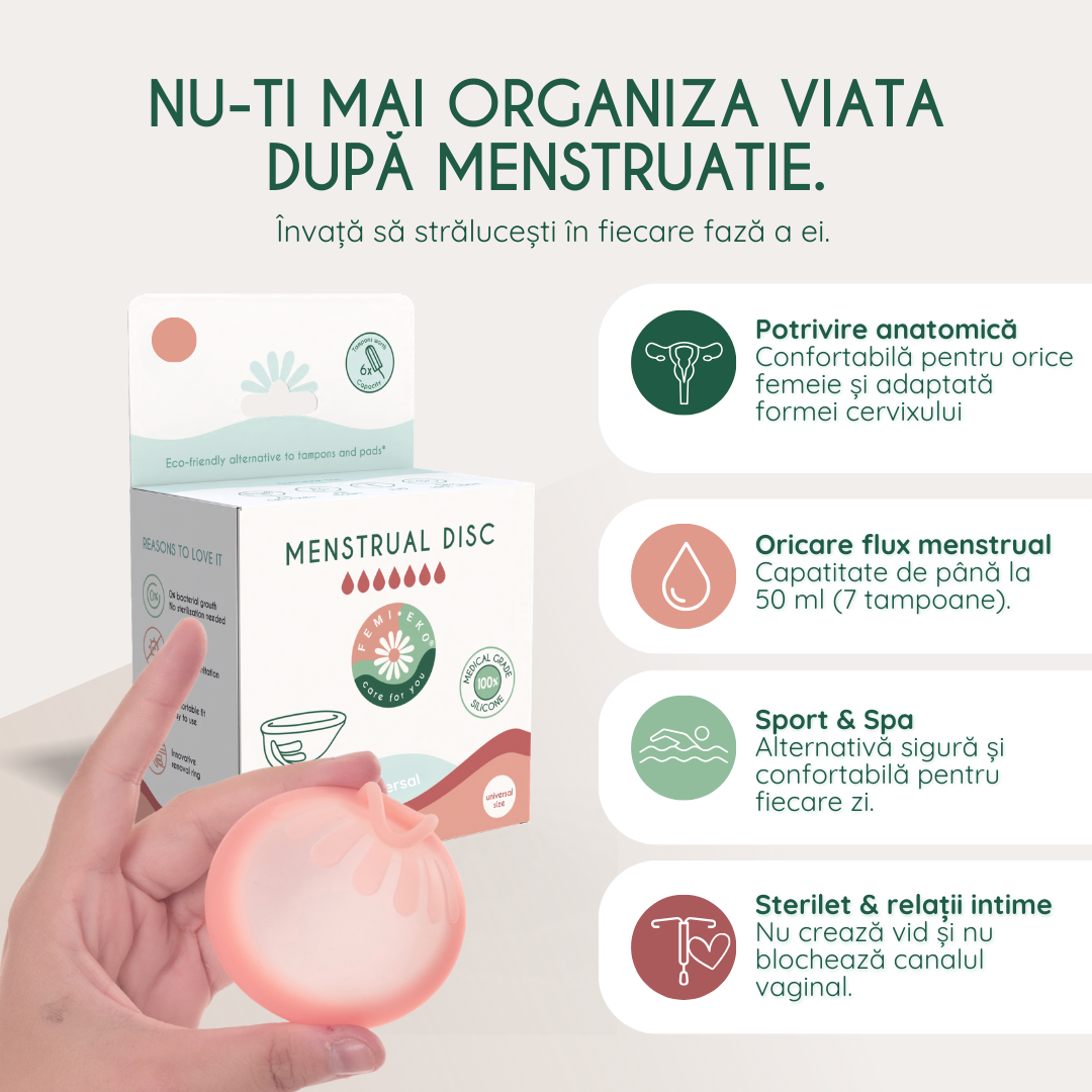 disc menstrual reutilizabil femieko roz cu inel de extractie, usor de folosit